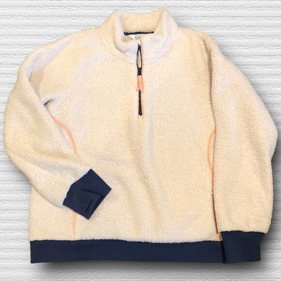 Athleta Girl XL 14 Sherpa Fleece Pullover Cream Blue Trim Thumbholes Quarter Zip - Picture 2 of 6